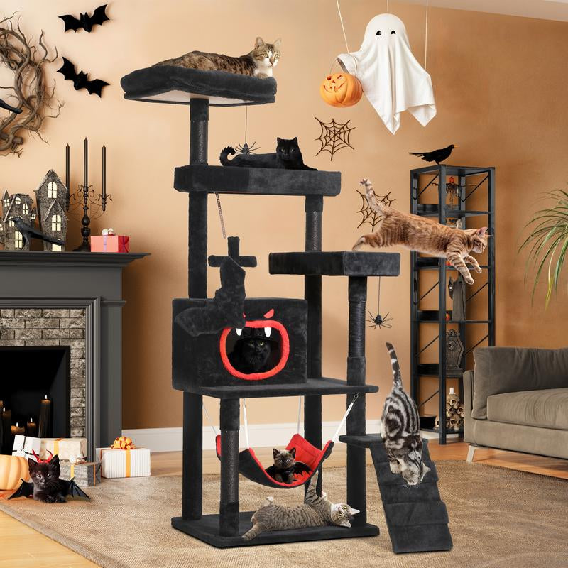Yitahome Gothic Cat Tree with Coffin Bed, 63"/38.6" Tall Cat Tower for Cats with Top Perch, Spacious Cat Condos, Spider Hanging Balls,Comfy Hammock, Scratching Post and Ladder