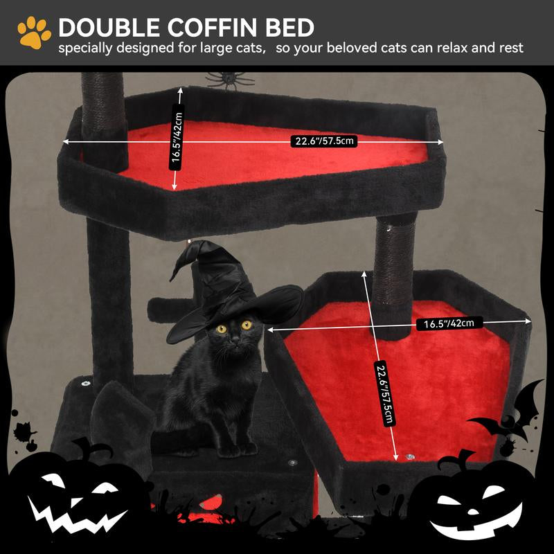 Yitahome Gothic Cat Tree with Coffin Bed, 63"/38.6" Tall Cat Tower for Cats with Top Perch, Spacious Cat Condos, Spider Hanging Balls,Comfy Hammock, Scratching Post and Ladder