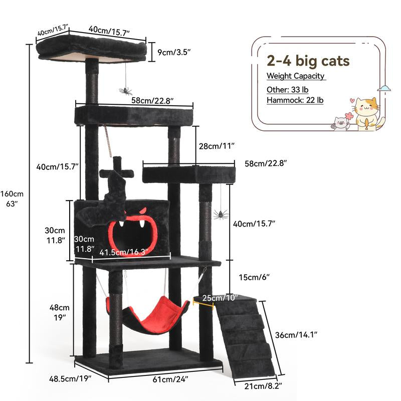Yitahome Gothic Cat Tree with Coffin Bed, 63"/38.6" Tall Cat Tower for Cats with Top Perch, Spacious Cat Condos, Spider Hanging Balls,Comfy Hammock, Scratching Post and Ladder