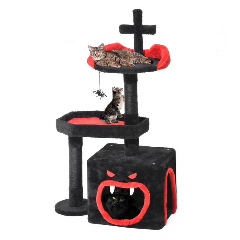 Yitahome Gothic Cat Tree with Coffin Bed, 63"/38.6" Tall Cat Tower for Cats with Top Perch, Spacious Cat Condos, Spider Hanging Balls,Comfy Hammock, Scratching Post and Ladder