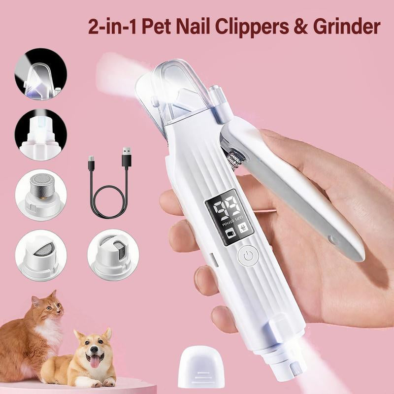 PET Dog CAT Nail Grinder and Clipper Electric Rechargeable Pet Nail Trimmer 2 in 1 Pet Cat Nail Polisher Grinding with LED Ultra Quiet Suitable for Trimming Toes and Claws of Dogs & Cats of All Sizes,Cordless Electric Grooming Tools