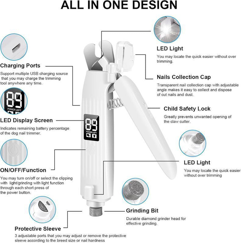 PET Dog CAT Nail Grinder and Clipper Electric Rechargeable Pet Nail Trimmer 2 in 1 Pet Cat Nail Polisher Grinding with LED Ultra Quiet Suitable for Trimming Toes and Claws of Dogs & Cats of All Sizes,Cordless Electric Grooming Tools
