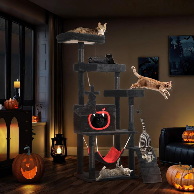 Yitahome Gothic Cat Tree with Coffin Bed, 63"/38.6" Tall Cat Tower for Cats with Top Perch, Spacious Cat Condos, Spider Hanging Balls,Comfy Hammock, Scratching Post and Ladder